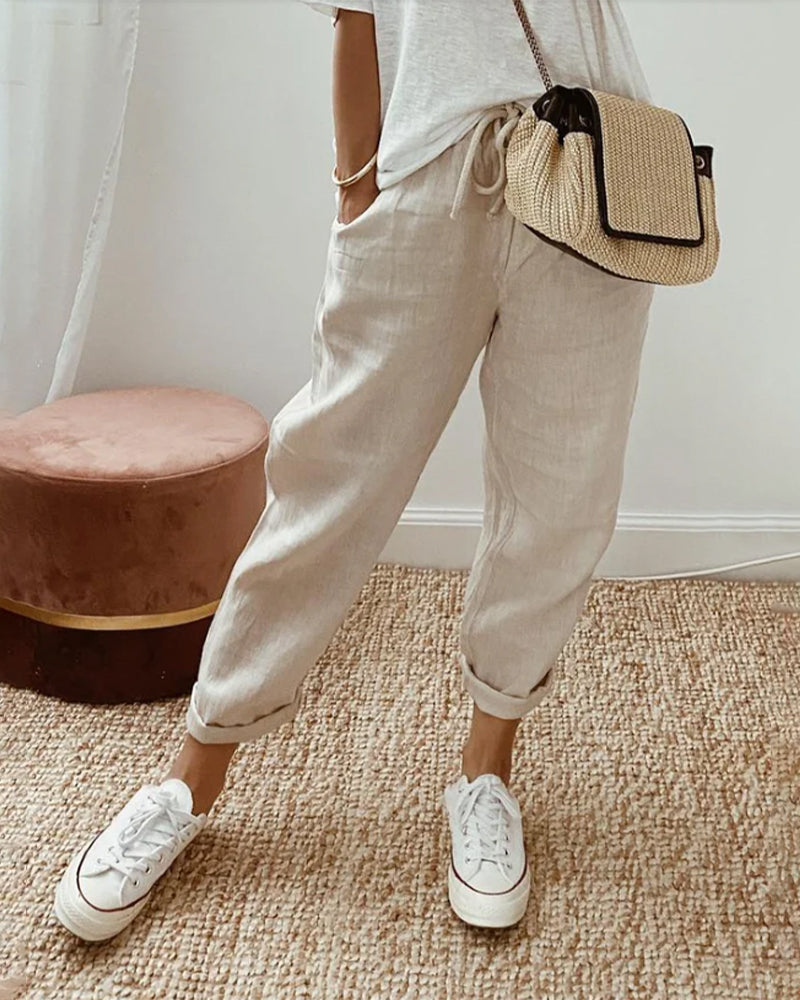 Women’s Linen-Blend Drawstring Tapered Trousers