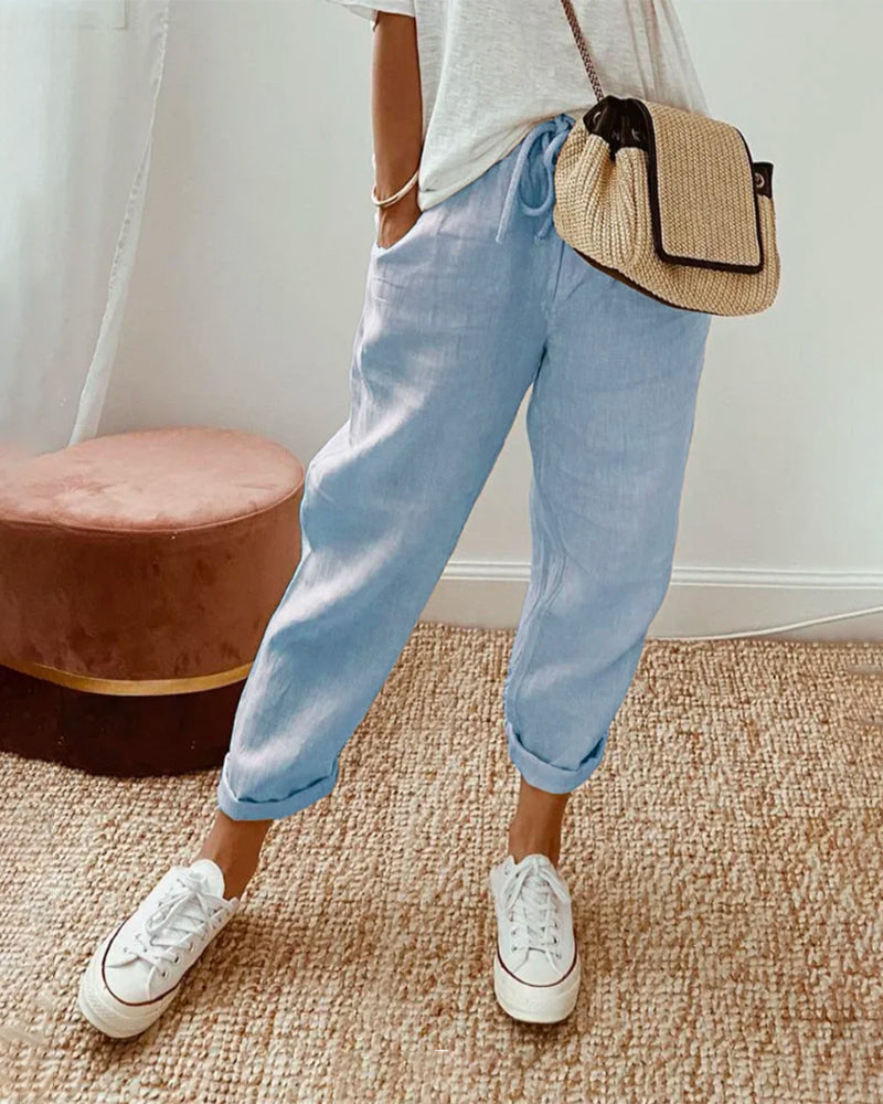 Women’s Linen-Blend Drawstring Tapered Trousers