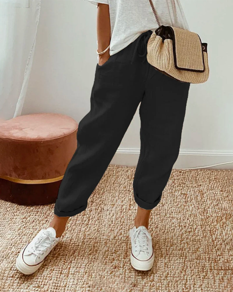 Women’s Linen-Blend Drawstring Tapered Trousers