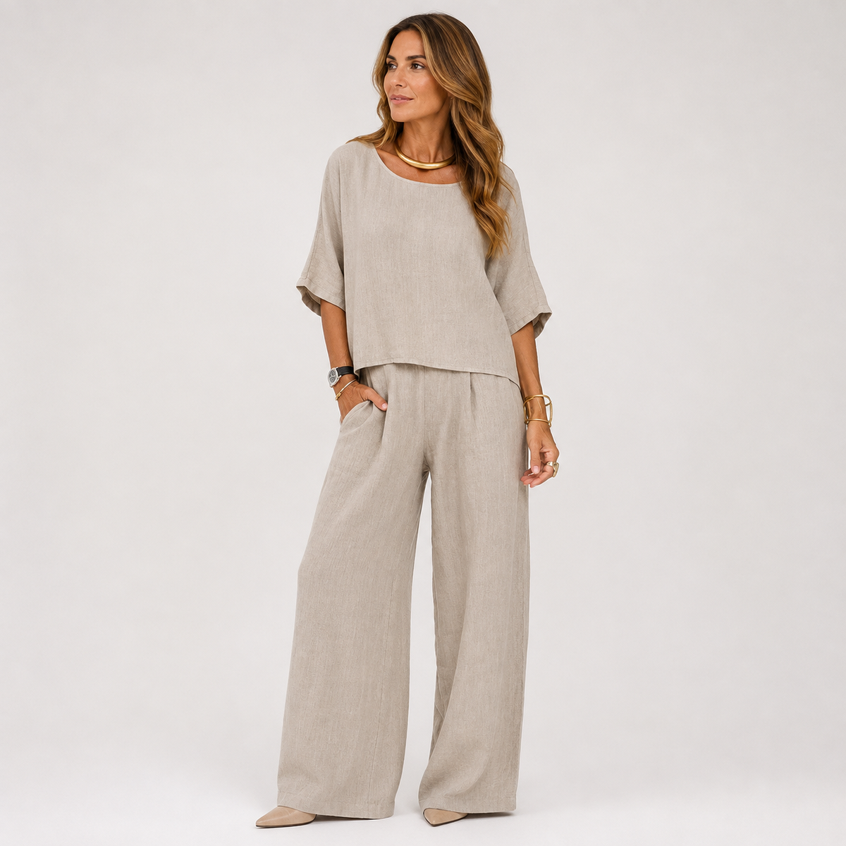 Women’s Relaxed Linen-Blend Wide-Leg Trousers Set