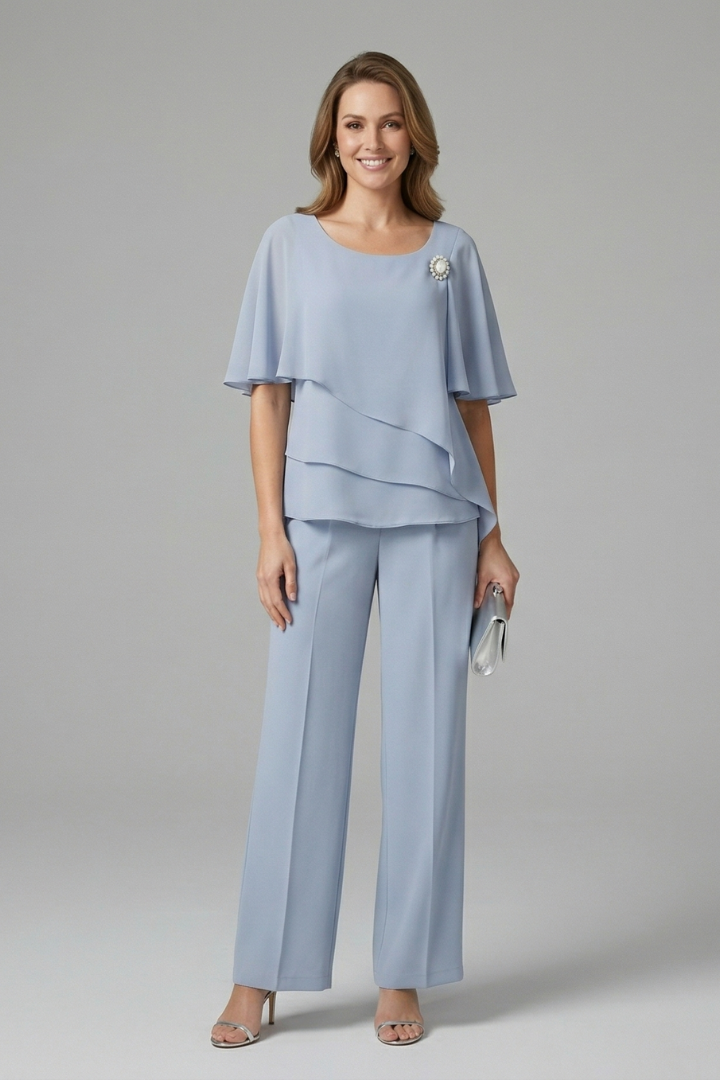 Women’s Layered Chiffon Top & Wide-Leg Trouser Set