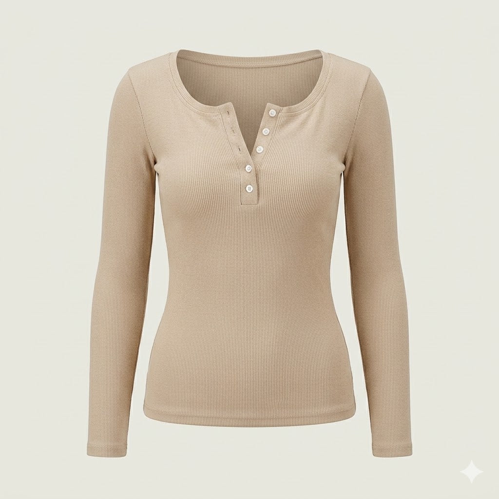 Women’s Ribbed Button Long-Sleeve Top