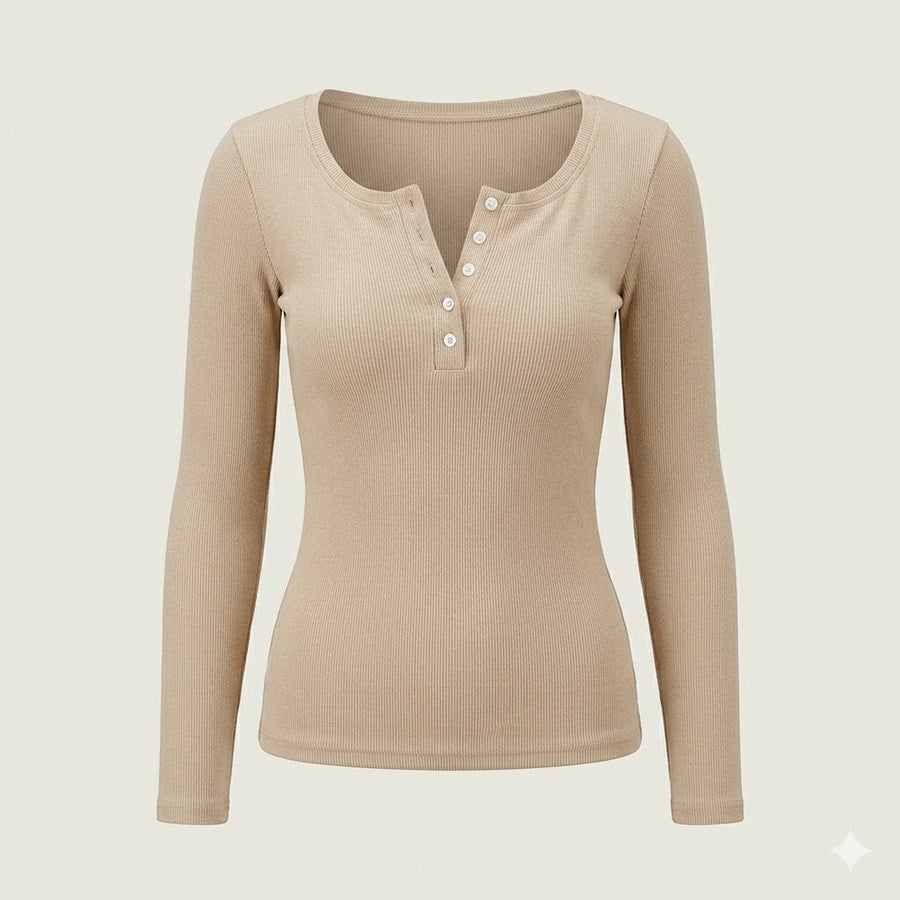 Women’s Ribbed Button Long-Sleeve Top