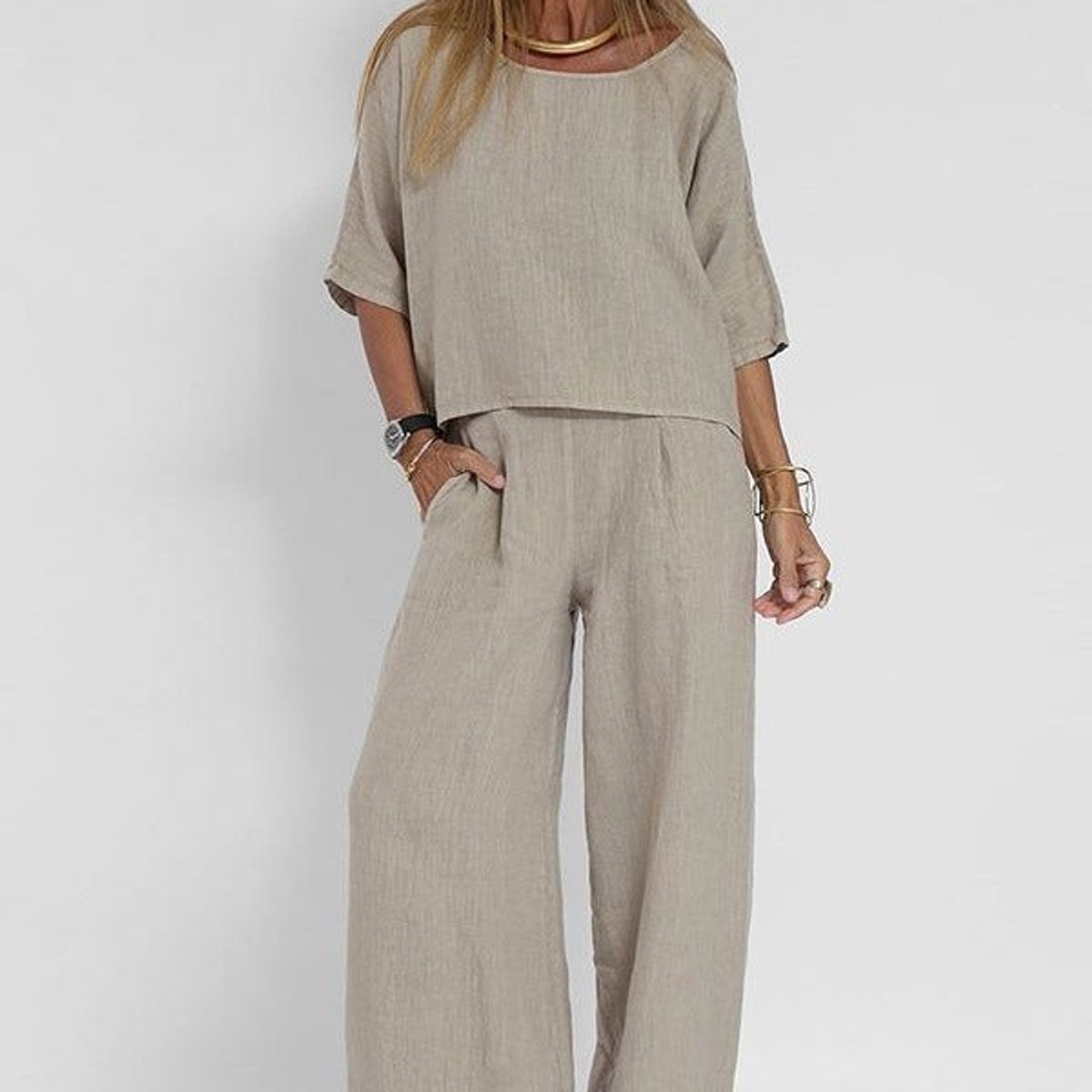 Women’s Relaxed Linen-Blend Wide-Leg Trousers Set