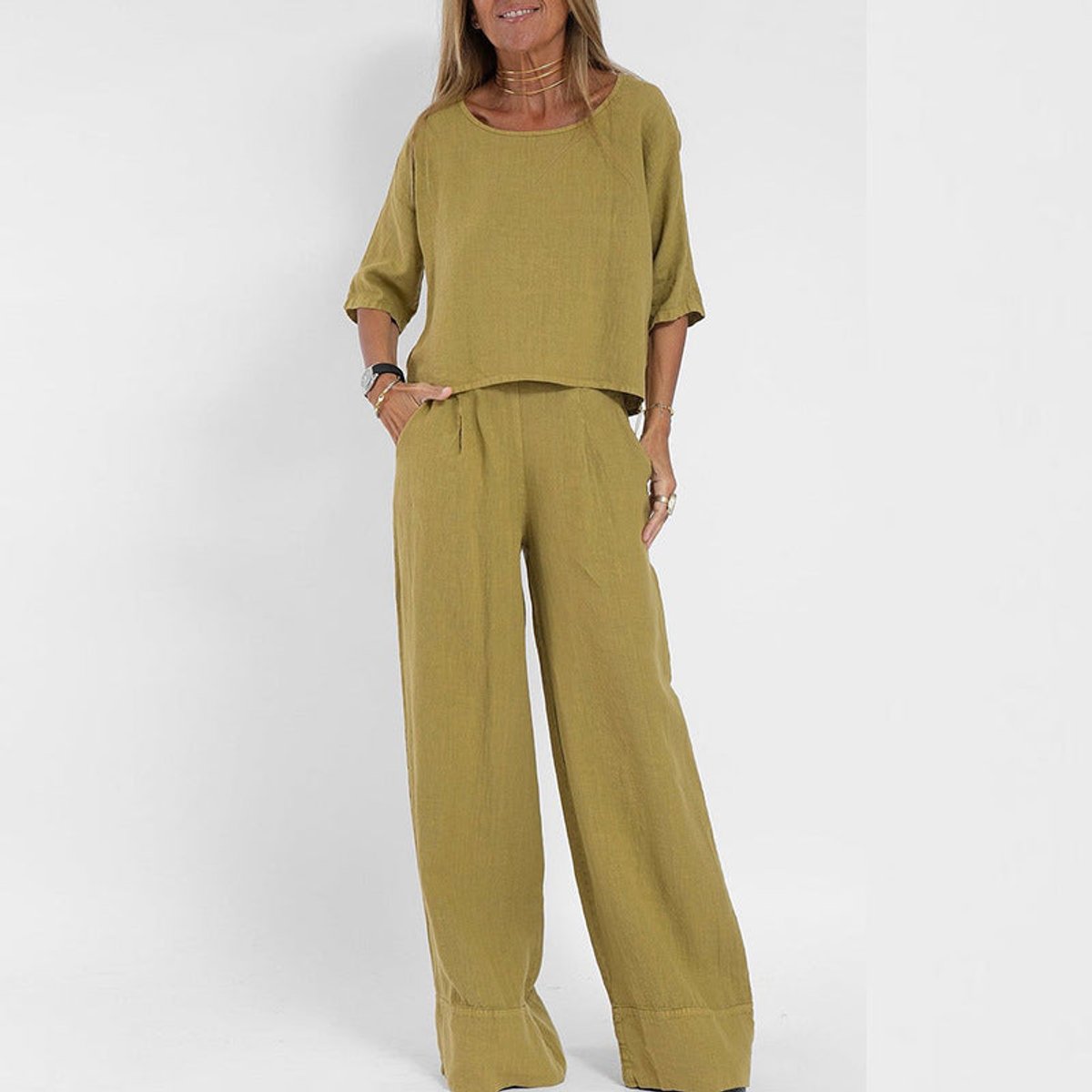 Women’s Relaxed Linen-Blend Wide-Leg Trousers Set
