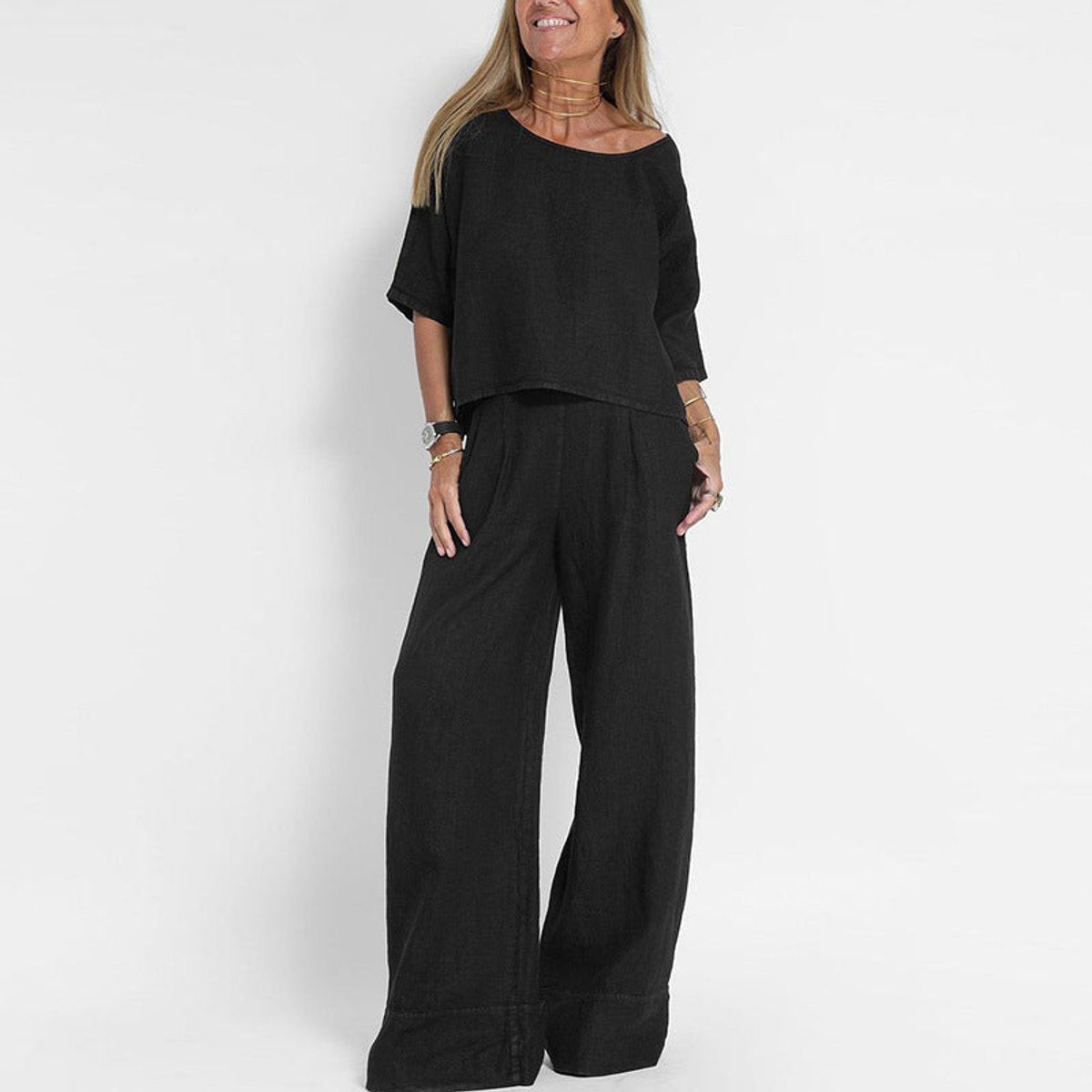 Women’s Relaxed Linen-Blend Wide-Leg Trousers Set