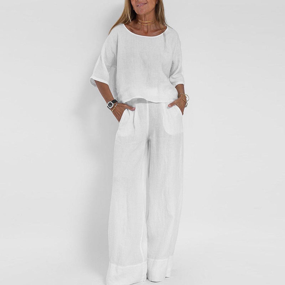 Women’s Relaxed Linen-Blend Wide-Leg Trousers Set