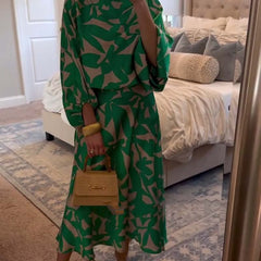 Florence Green Leaf Print Lantern Sleeve Set