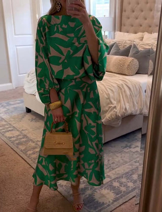 Florence Green Leaf Print Lantern Sleeve Set
