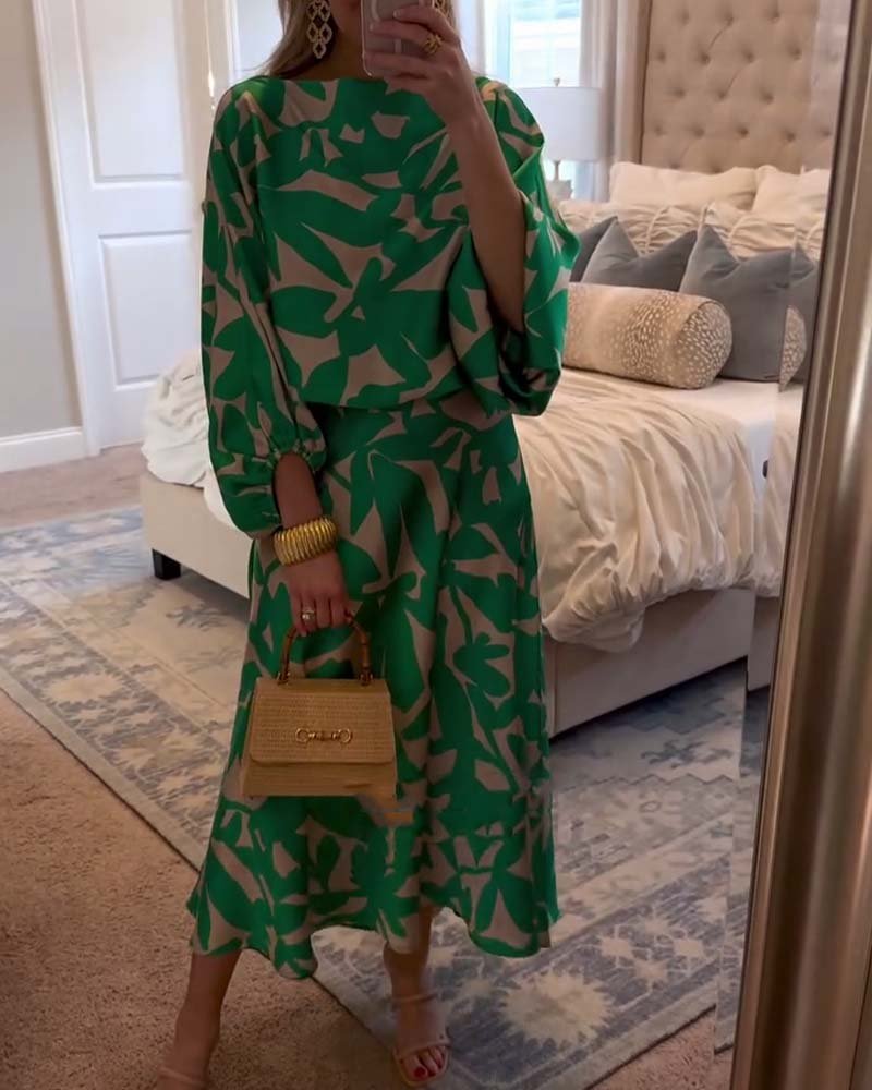 Florence Green Leaf Print Lantern Sleeve Set