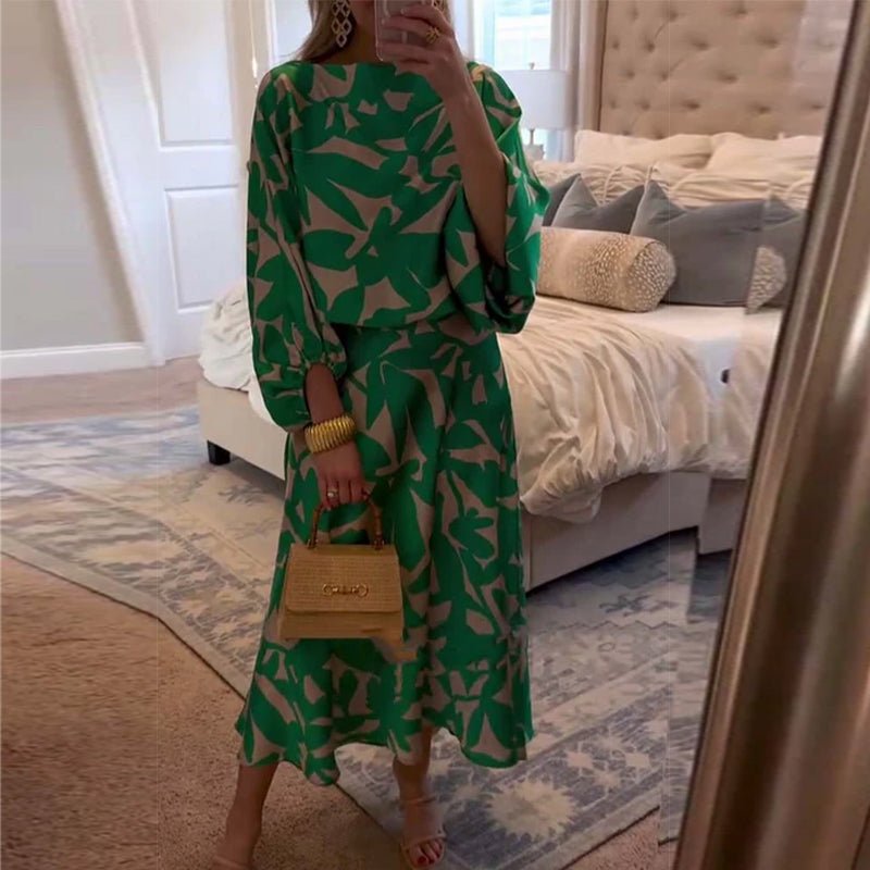 Florence Green Leaf Print Lantern Sleeve Set