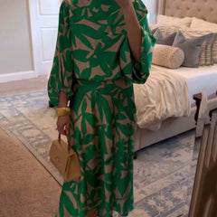 Florence Green Leaf Print Lantern Sleeve Set