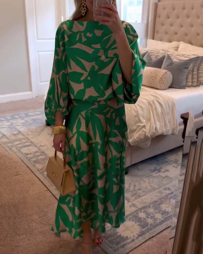 Florence Green Leaf Print Lantern Sleeve Set