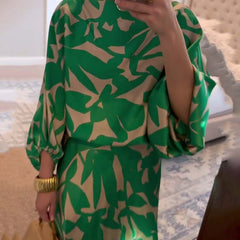 Florence Green Leaf Print Lantern Sleeve Set