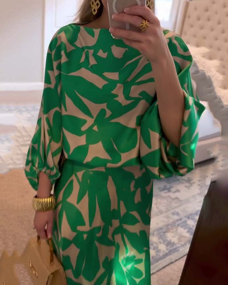 Florence Green Leaf Print Lantern Sleeve Set