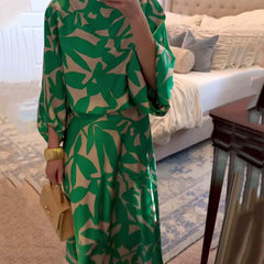 Florence Green Leaf Print Lantern Sleeve Set