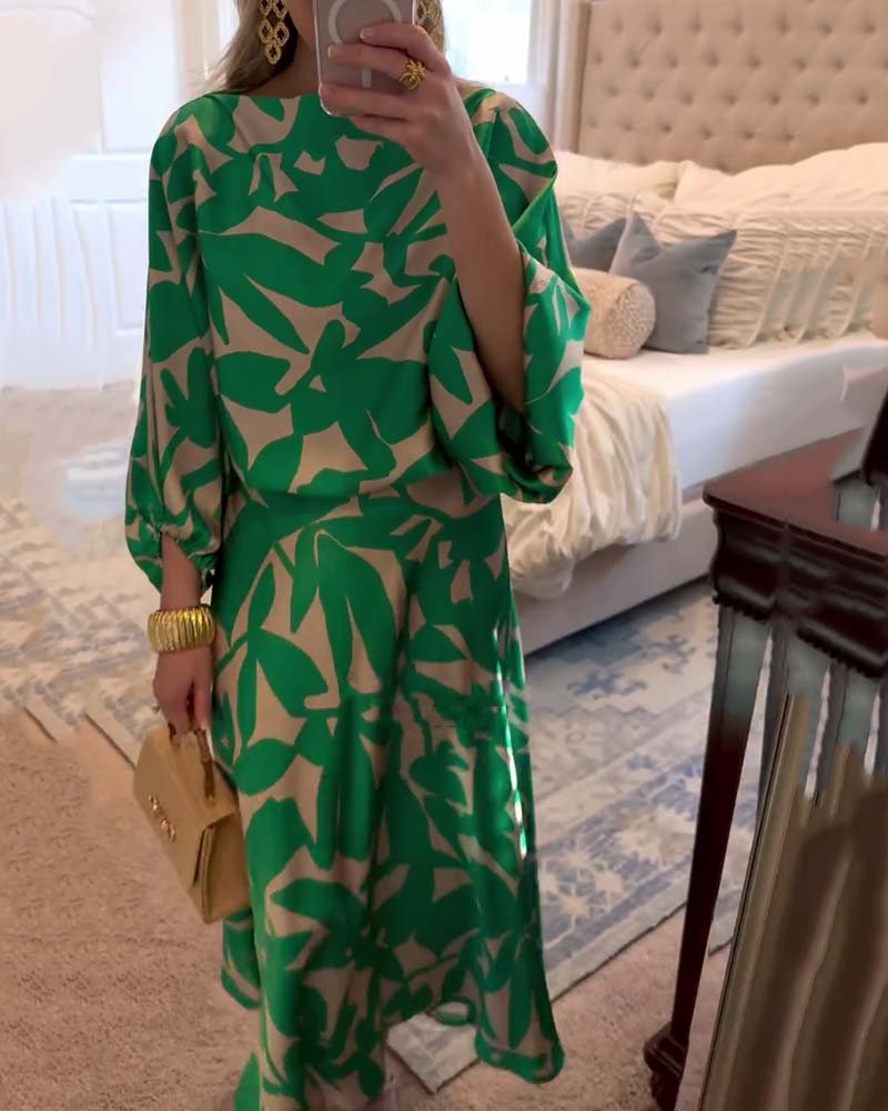 Florence Green Leaf Print Lantern Sleeve Set
