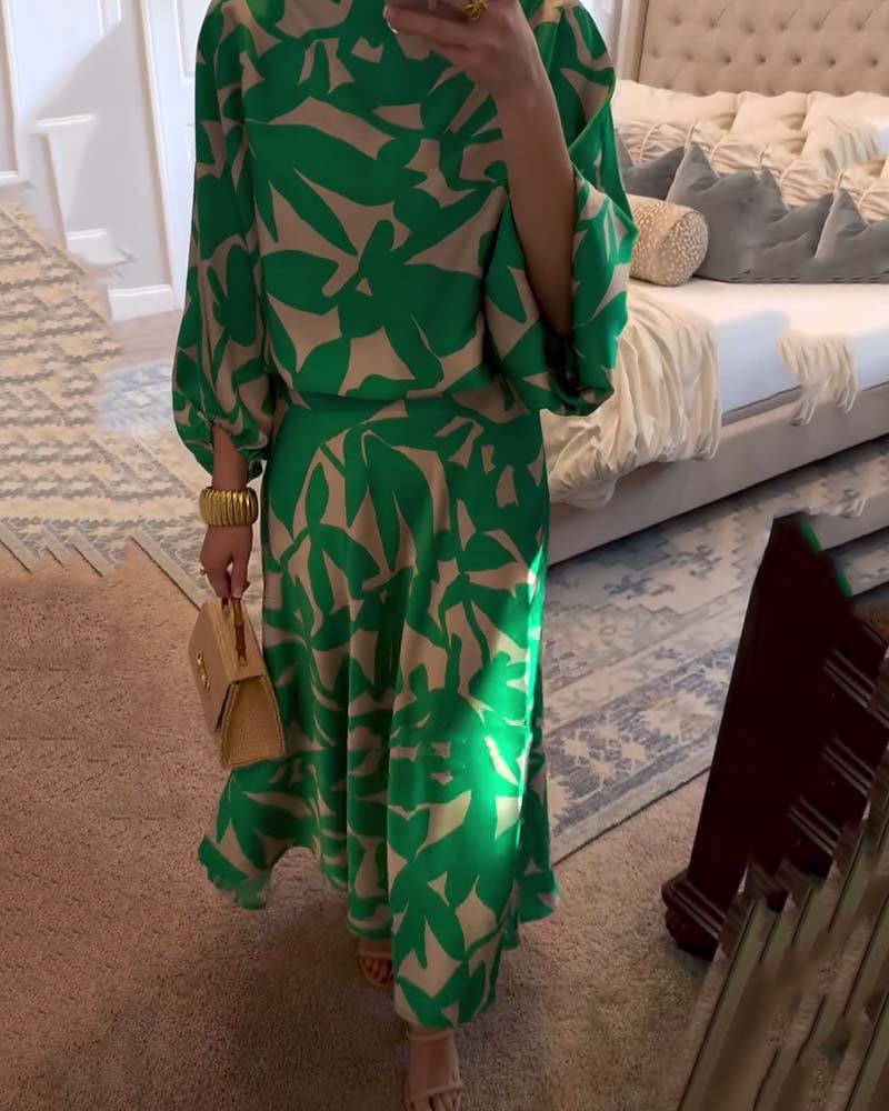 Florence Green Leaf Print Lantern Sleeve Set