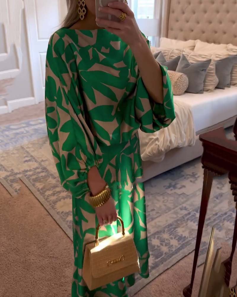Florence Green Leaf Print Lantern Sleeve Set