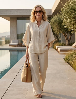 Evelyn Mandarin Collar Linen Two-Piece Set