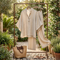 Evelyn Mandarin Collar Linen Two-Piece Set