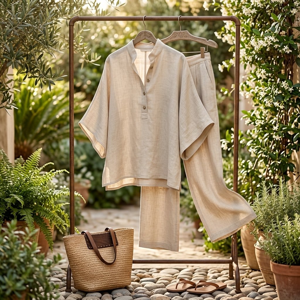 Evelyn Mandarin Collar Linen Two-Piece Set