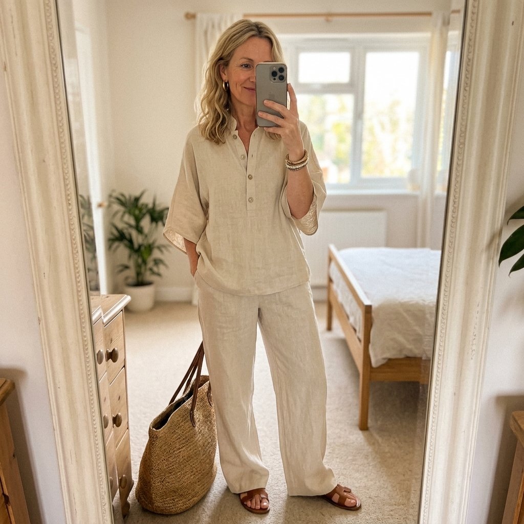 Evelyn Mandarin Collar Linen Two-Piece Set