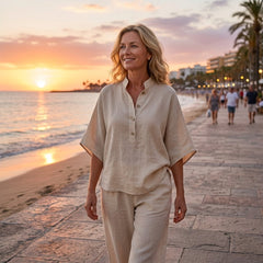 Evelyn Mandarin Collar Linen Two-Piece Set