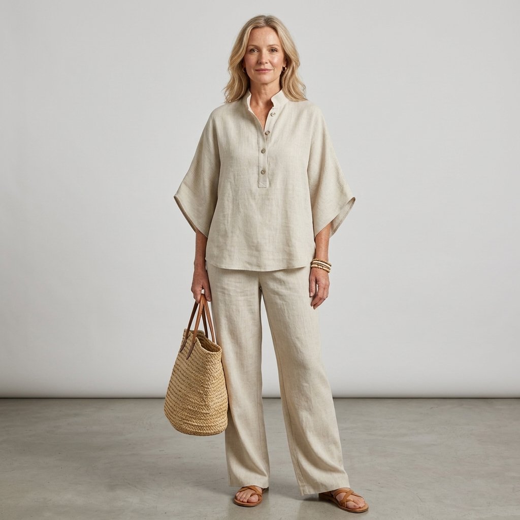 Evelyn Mandarin Collar Linen Two-Piece Set