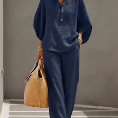 Evelyn Mandarin Collar Linen Two-Piece Set