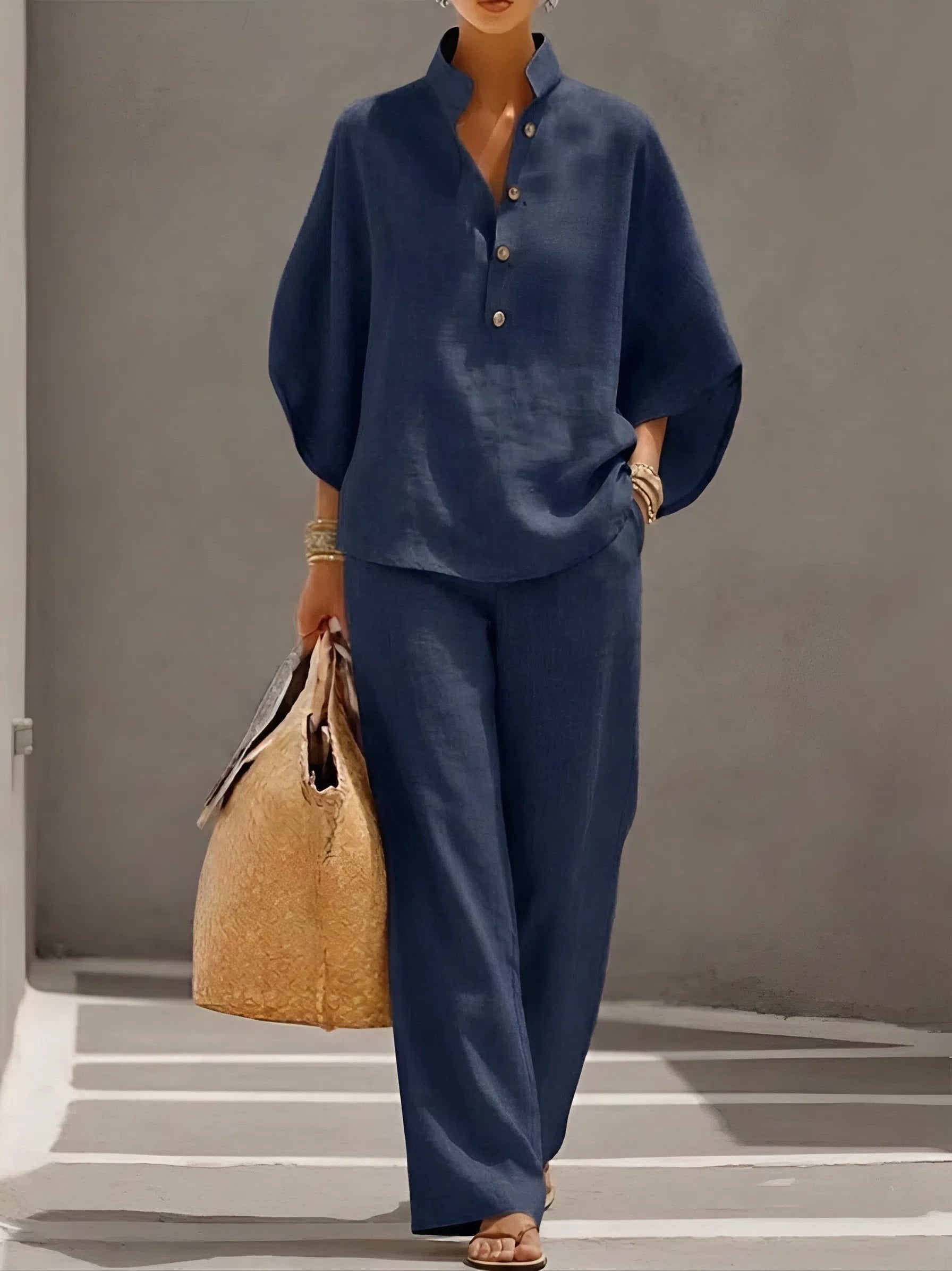 Evelyn Mandarin Collar Linen Two-Piece Set