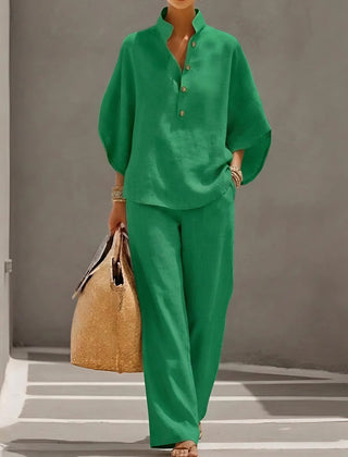 Evelyn Mandarin Collar Linen Two-Piece Set