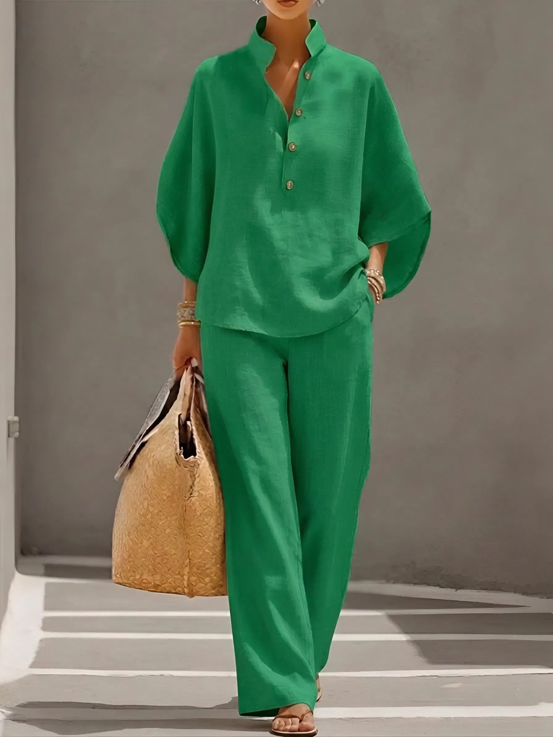 Evelyn Mandarin Collar Linen Two-Piece Set