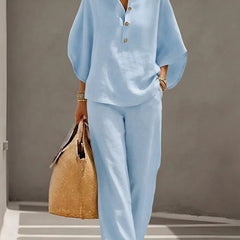 Evelyn Mandarin Collar Linen Two-Piece Set