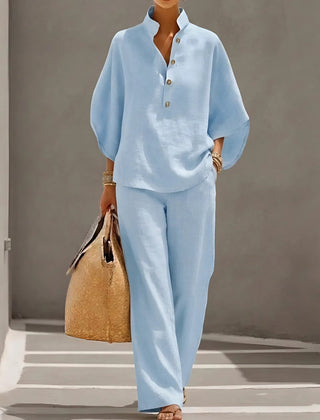 Evelyn Mandarin Collar Linen Two-Piece Set