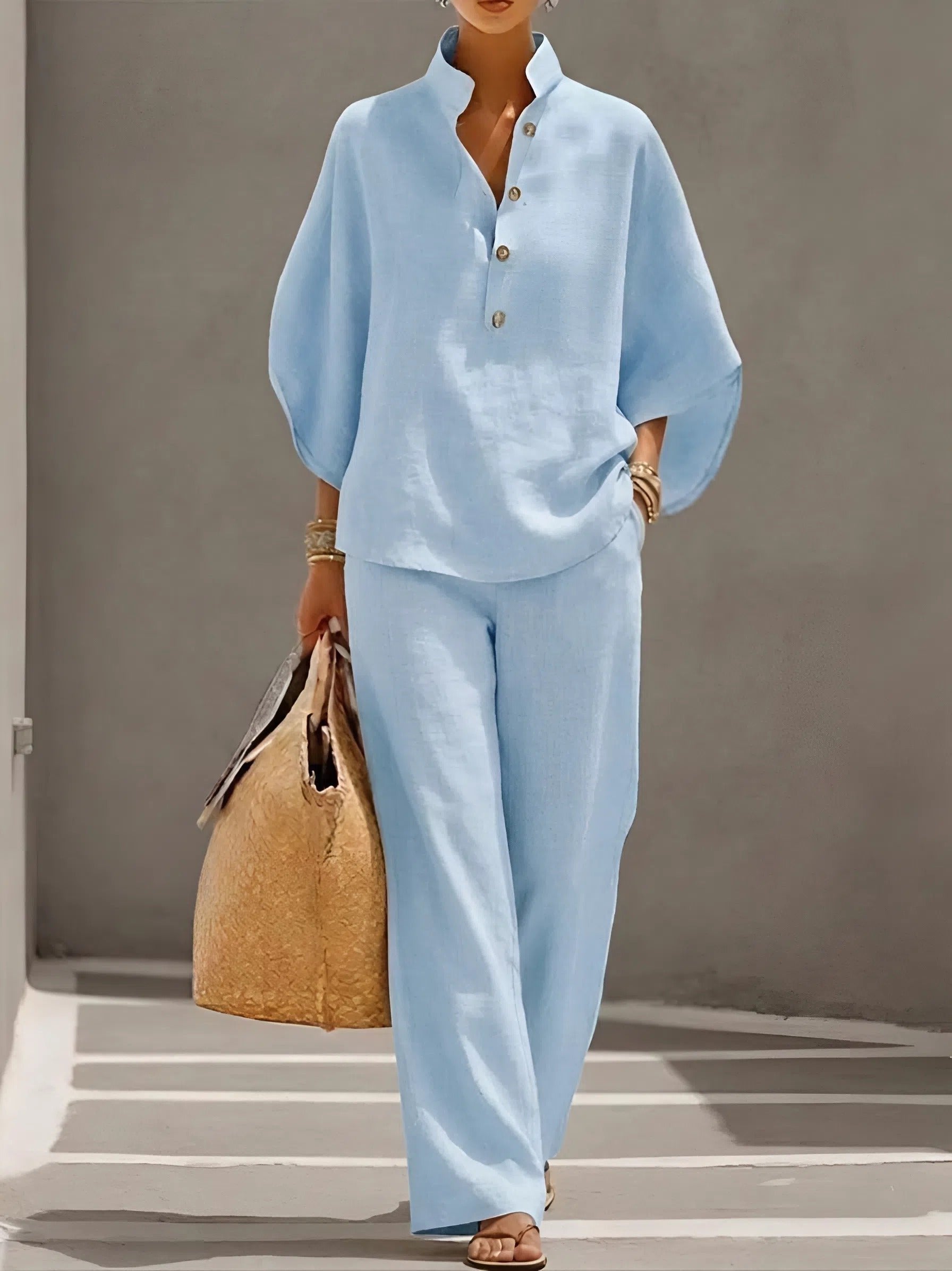 Evelyn Mandarin Collar Linen Two-Piece Set