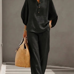 Evelyn Mandarin Collar Linen Two-Piece Set