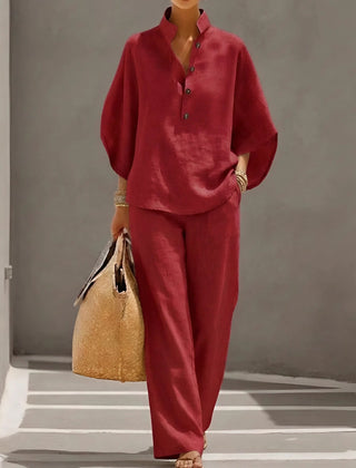 Evelyn Mandarin Collar Linen Two-Piece Set