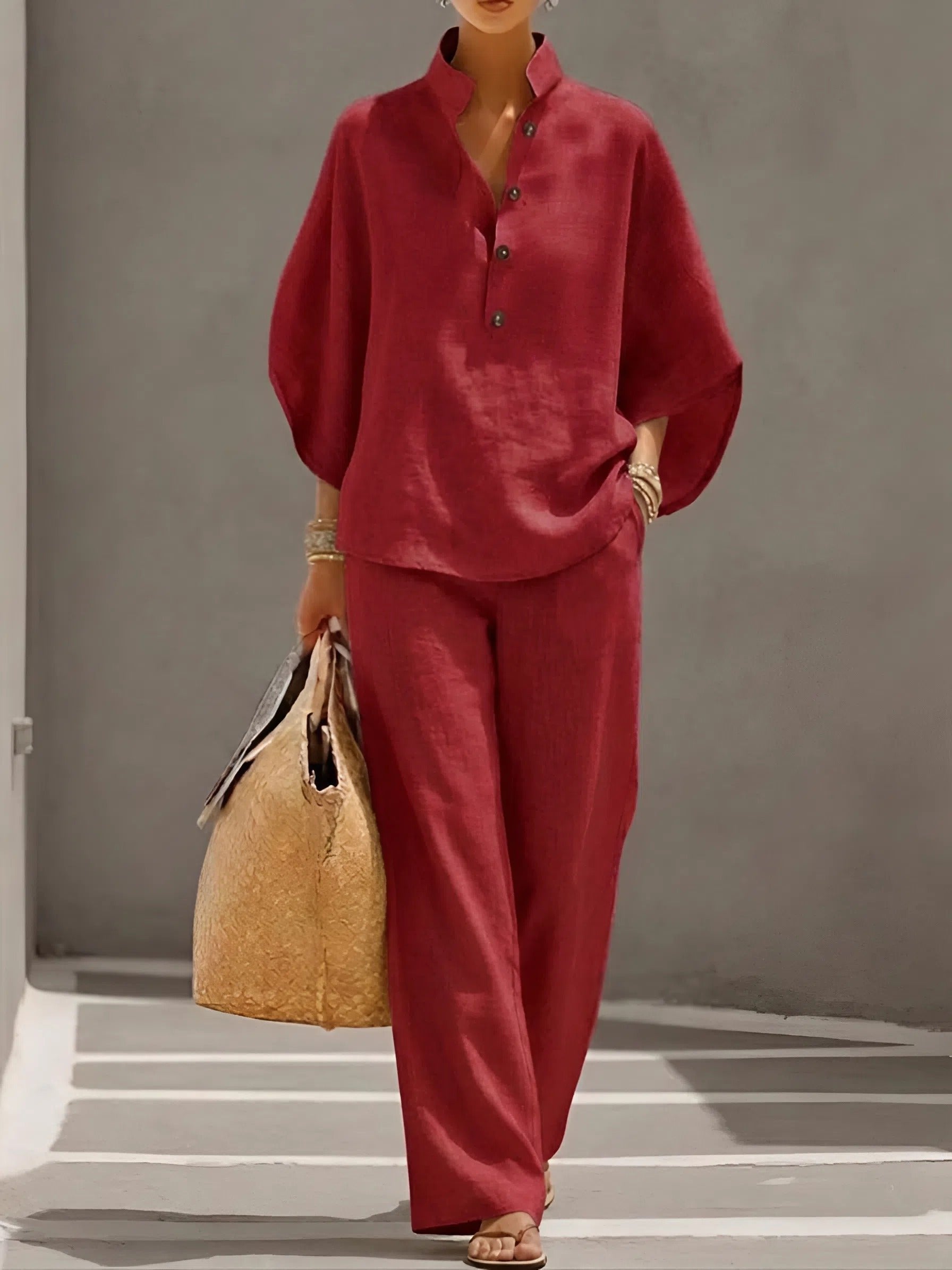 Evelyn Mandarin Collar Linen Two-Piece Set