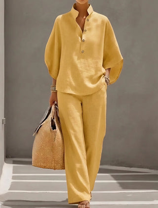 Evelyn Mandarin Collar Linen Two-Piece Set