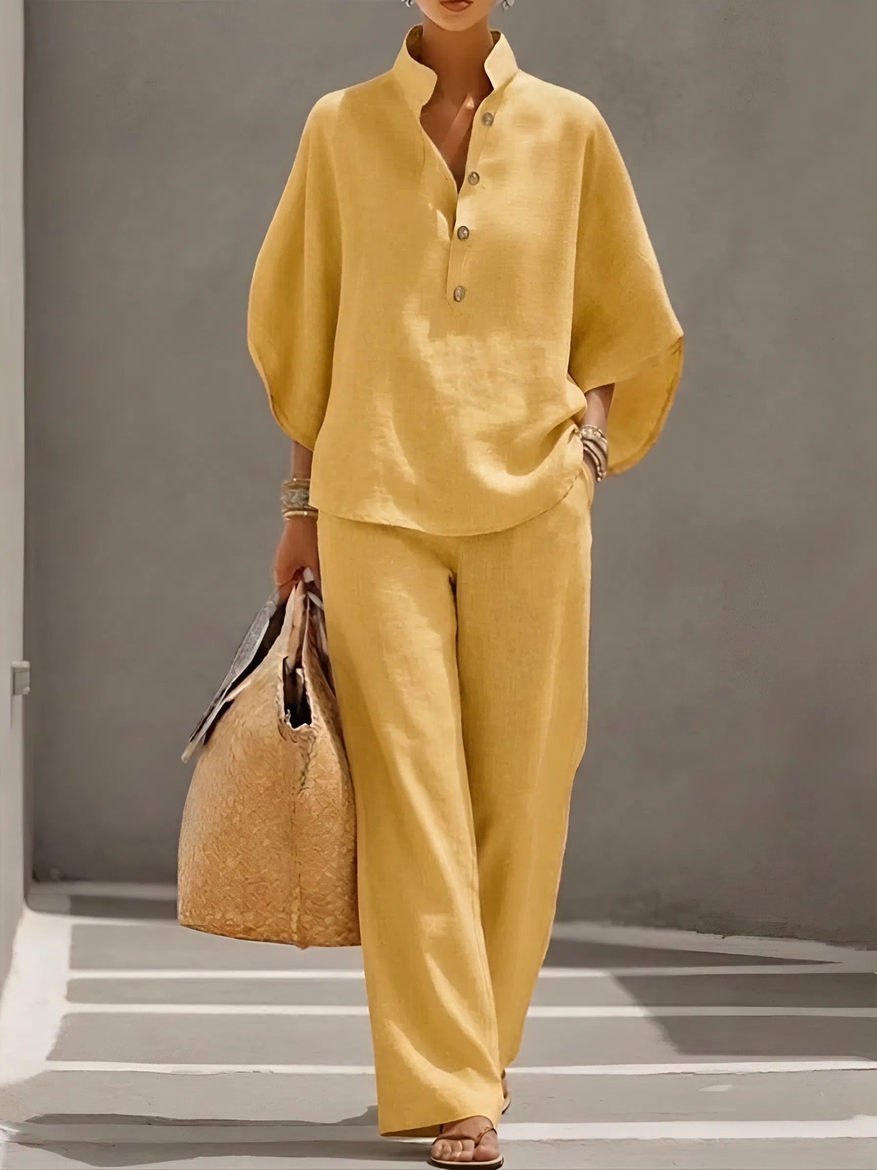 Evelyn Mandarin Collar Linen Two-Piece Set