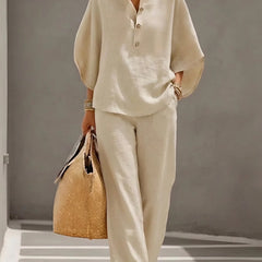Evelyn Mandarin Collar Linen Two-Piece Set
