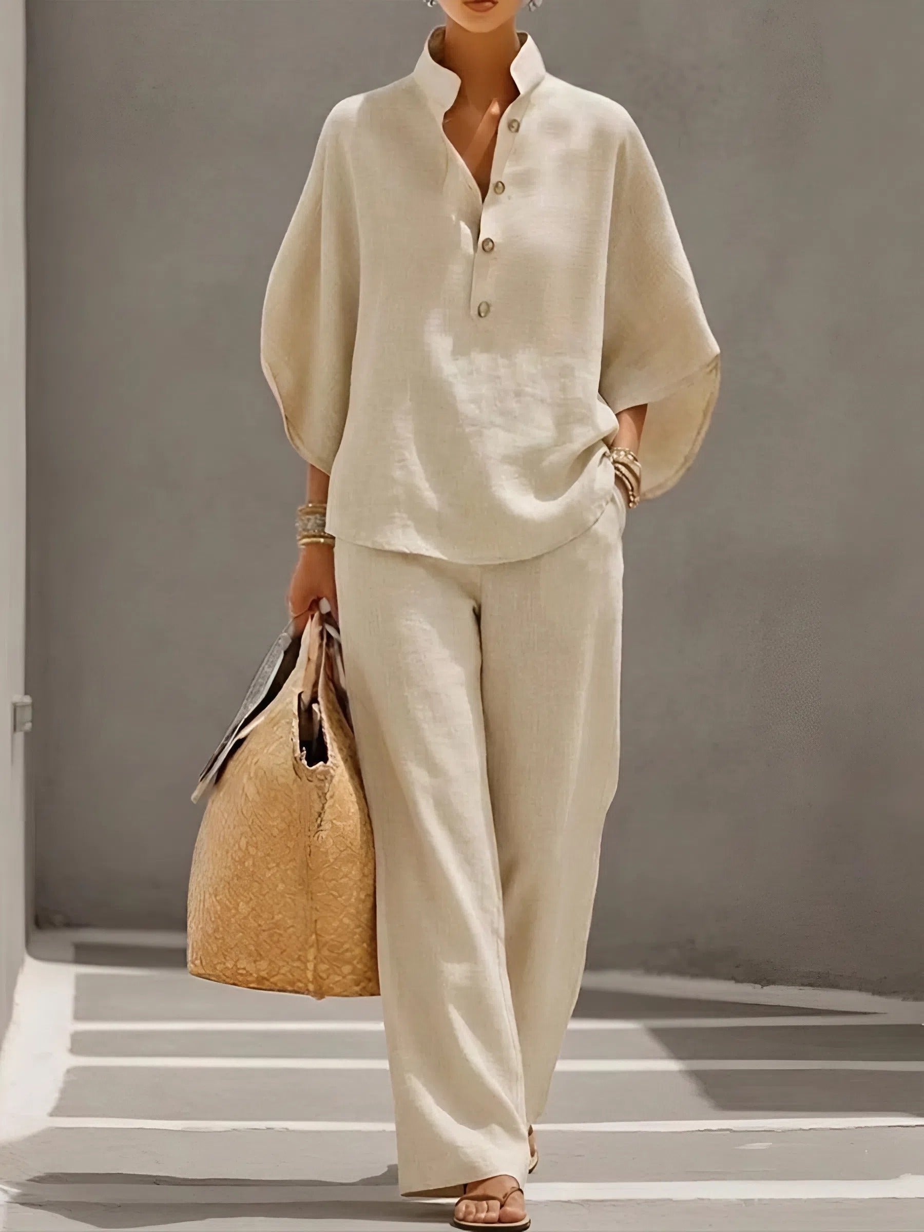 Evelyn Mandarin Collar Linen Two-Piece Set